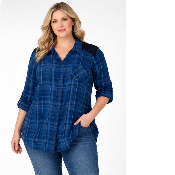 Lane Bryant Tops - Lane Bryant Blue Plaid Button Down Lace Detail Roll Tab Sleeve Shirt Size 14/16